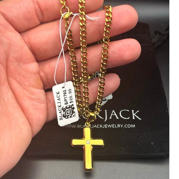 Blackjack BJP176G Mens Gold Stainless Steel Cross Pendant Necklace With CZ NIBWT - Picture 7 of 17